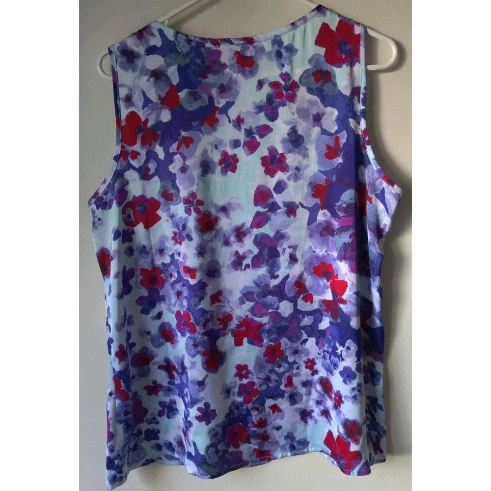 Coldwater Creek‎ Floral Tank Top Pleated Front Round Neck Size L 14 Red/Purple - Picture 2 of 5